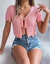 Tied Openwork Short Sleeve Cardigan
