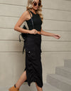 Drawstring Ruched Slit Denim Midi Skirt