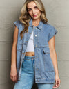 Collared Neck Sleeveless Denim Top with Pockets