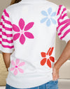 Flower Pattern Round Neck Half Sleeve Knit Top