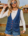 Pocketed Button Up Sleeveless Denim Jacket