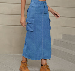 Drawstring Ruched Slit Denim Midi Skirt