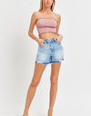 RISEN High Rise Distressed Hem Denim Shorts