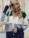 Woven Right Color Block V-Neck Button Down Cardigan