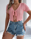 Tied Openwork Short Sleeve Cardigan