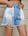Fringe Trim Distressed Denim Shorts with Pockets