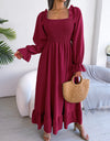 Smocked Square Neck Flounce Sleeve Dress