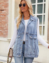 Button Up Collared Neck Denim Jacket with Pockets