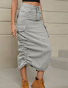 Drawstring Ruched Slit Denim Midi Skirt