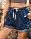 Drawstring High Waist Denim Shorts with Pockets