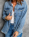 Button Up Pocketed Raw Hem Denim Jacket