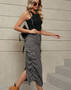 Drawstring Ruched Slit Denim Midi Skirt