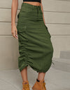 Drawstring Ruched Slit Denim Midi Skirt