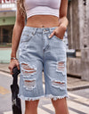 Raw Hem Distressed Denim Shorts with Pockets