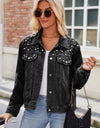 Pearl Detail Collared Neck Long Sleeve Denim Jacket