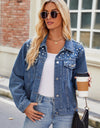 Pearl Detail Collared Neck Long Sleeve Denim Jacket